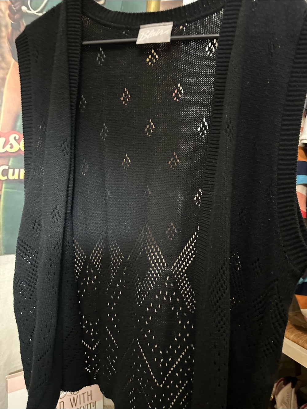 Blair Black Openwork Knit Sleeveless Cardigan Vest